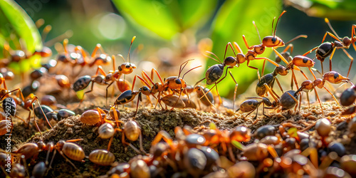 Busy ant colony showcasing a microcosm of nature's interconnected ecosystem, ants, teamwork, nature, colony