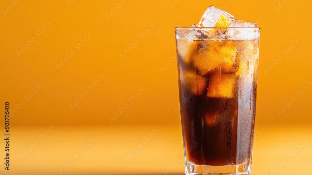 tall glass of iced coffee mixed with orange juice, ice cubes clinking against the glass, with a citrusy garnish floating on top tall glass of iced coffee mixed with orange juice, ice cubes clinking against the glass, with a citrusy garnish floating on top