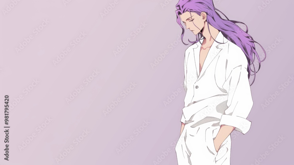 A handsome anime-style character with long purple hair is dressed in white pajamas, depicted in a minimalist style with ample copy space A handsome anime-style character with long purple hair is dressed in white pajamas, depicted in a minimalist style with ample copy space