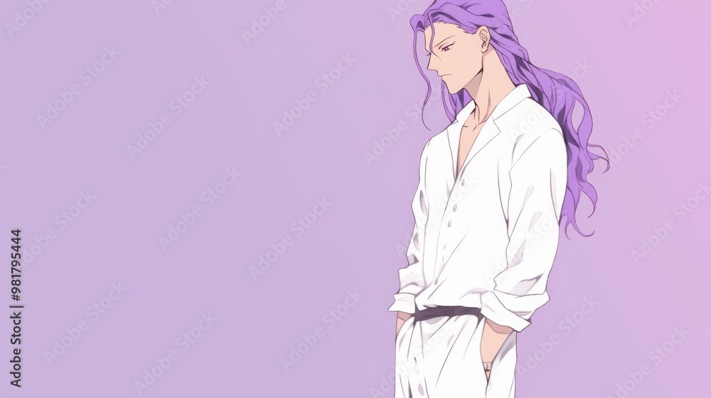 A handsome anime-style character with long purple hair is dressed in white pajamas, depicted in a minimalist style with ample copy space A handsome anime-style character with long purple hair is dressed in white pajamas, depicted in a minimalist style with ample copy space