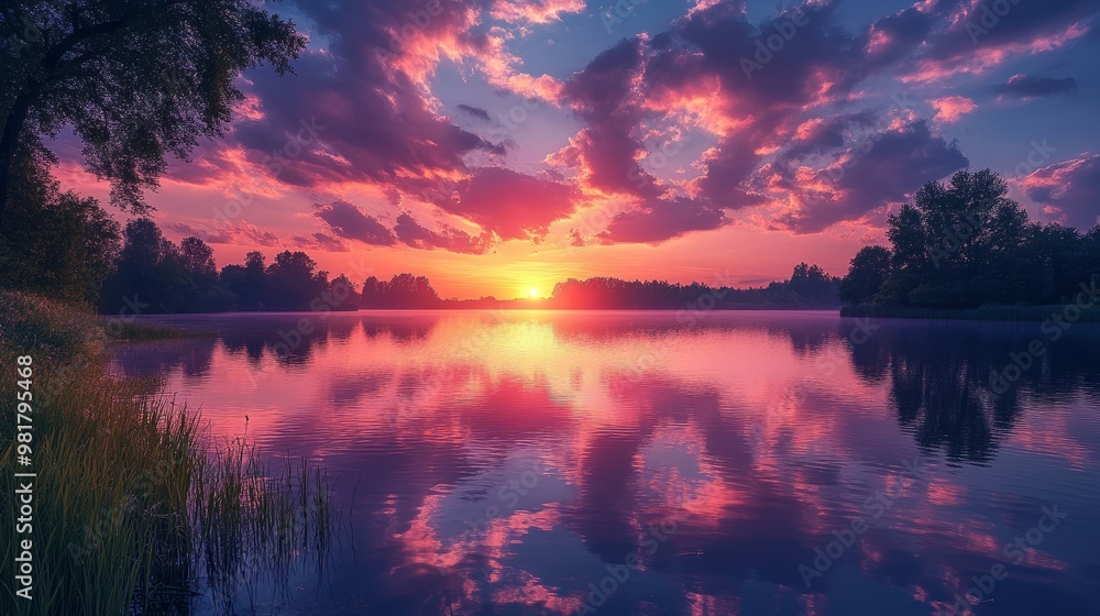 Dramatic Sunset Over Still Lake with Silhouetted Trees Dramatic Sunset Over Still Lake with Silhouetted Trees