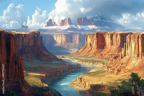 Majestic Canyon Landscape with River and Snow Capped Peaks