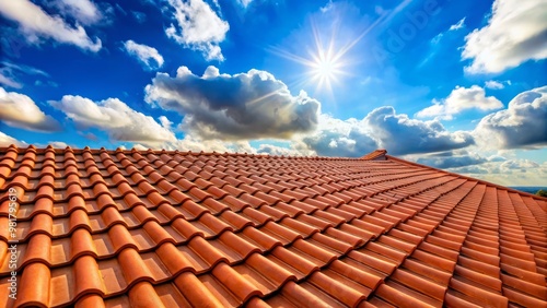 Red-brown roof tiles on a sunny day with blue sky and white clouds