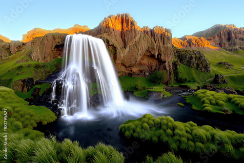 Wide waterfall over terraced rock cliff