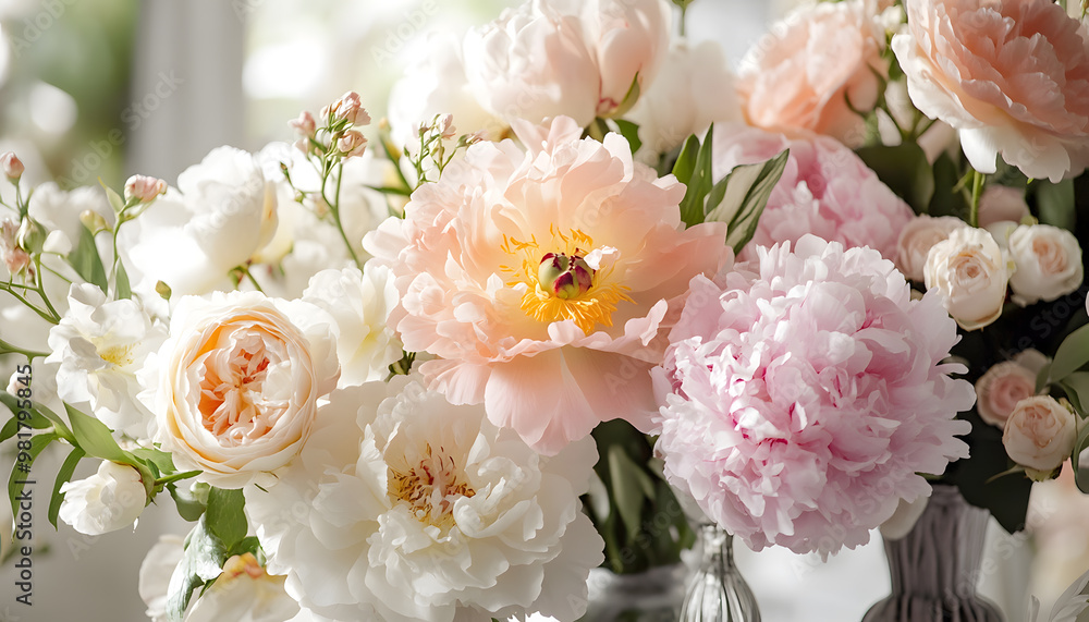 Soft, blooming peonies and roses in pastel shades, adding a delicate and feminine touch Soft, blooming peonies and roses in pastel shades, adding a delicate and feminine touch