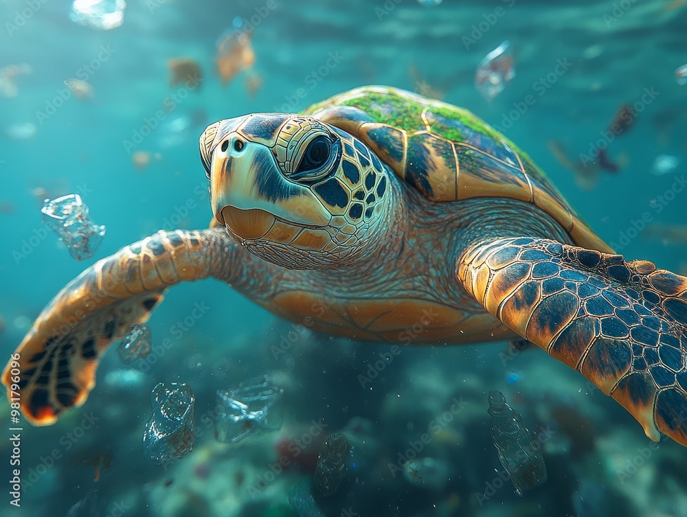 Fototapeta premium Sea Turtle Swimming Through Plastic Pollution