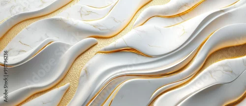 Panel kuchenny z motywem 3D wallpaper, white and gold abstract shapes, organic stone carvings, marble texture, golden veins, stone background 