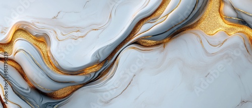 Obraz  z motywem 3D wallpaper, white and gold abstract shapes, organic stone carvings, marble texture, golden veins, stone background 