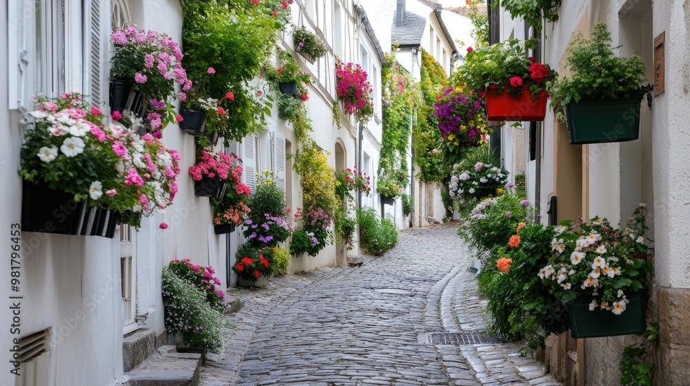 Naklejka premium cobblestone street in a quaint European village, lined with historic buildings and vibrant flower boxes