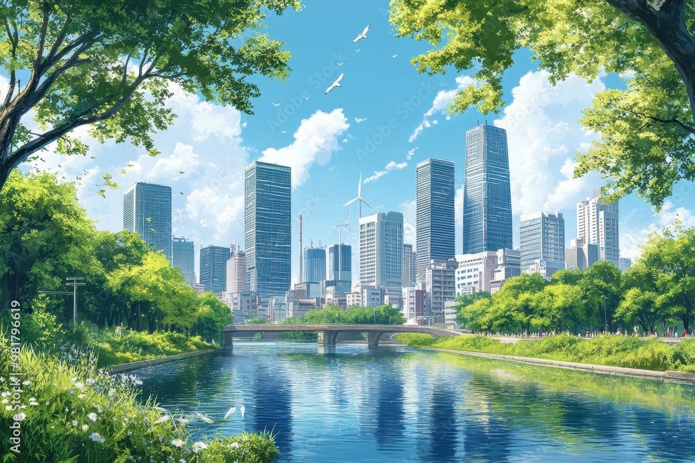 A vibrant cityscape with skyscrapers, greenery, and a serene river under a bright sky. A vibrant cityscape with skyscrapers, greenery, and a serene river under a bright sky.