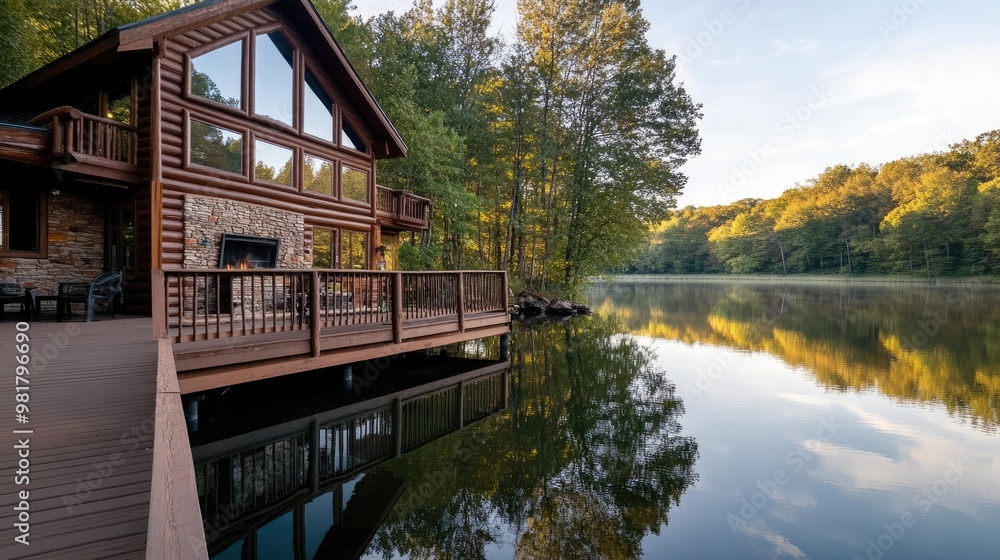 lakeside log cabin with a large stone fireplace, a wrap-around deck, and a small dock leading out to the calm lakeside log cabin with a large stone fireplace, a wrap-around deck, and a small dock leading out to the calm