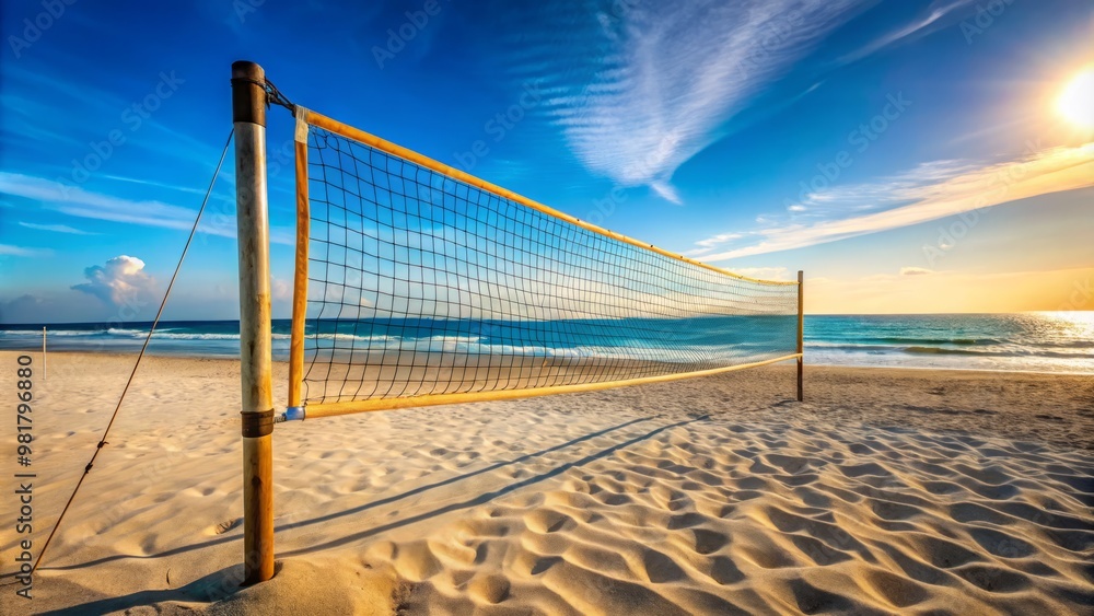 Set against a backdrop of a bright blue sky, a beach volleyball net stretches across soft sand, with