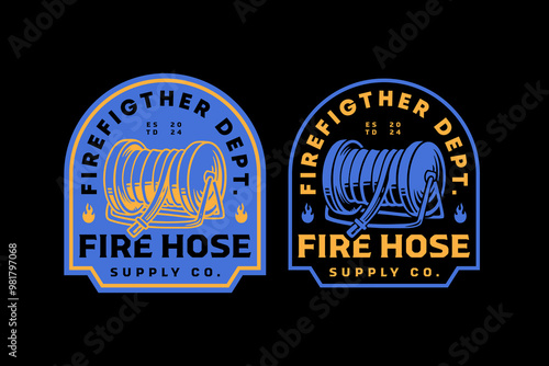 firefighter hose rolled, fire hose nozzle, spray watering gun  retro vintage badge logo vector design collection set for firefighter, rescuer worker, adventure and survivor