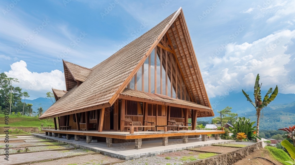 Magnificent Wooden Cabin Nestled in Lush Tropical Landscape with Panoramic Mountain Views
