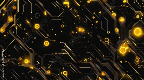 A background of yellow glowing circuit board patterns on black, perfect for a tech-themed mobile wallpaper. The pattern includes intricate designs with gold and white lines representing digital