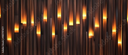 Wallpaper Mural A modern wooden wall with an abstract pattern of vertical stripes, each adorned with warm lighting to create a unique and dynamic texture for the background. The wood has a dark brown color Torontodigital.ca