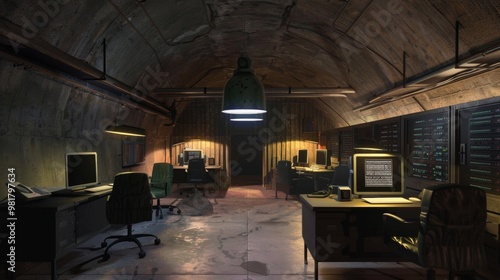 Dark and Abandoned Old Industrial Office Interior with Decaying Furniture and Vintage Computers