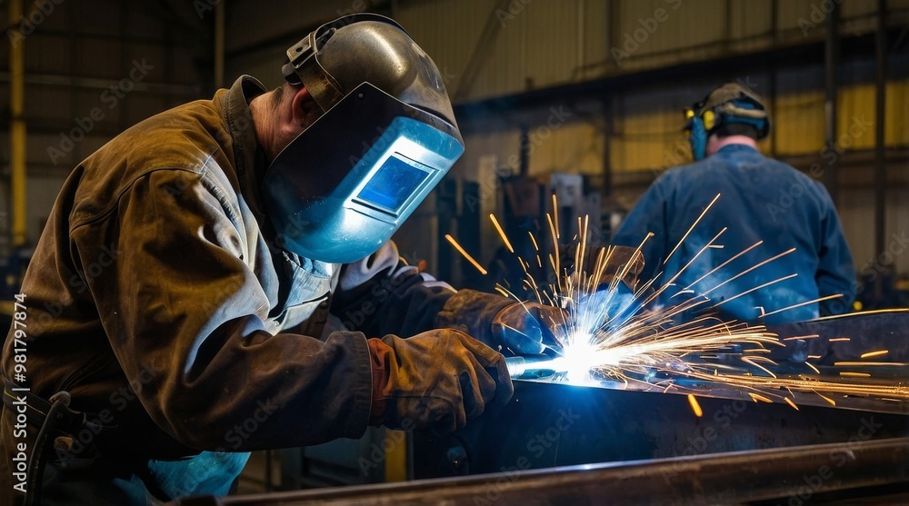 Welder welding metal in factory Welder welding metal in factory