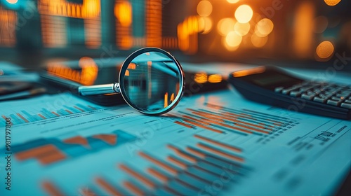 A Magnifying Glass on Financial Charts with a Calculator and Tablet photo