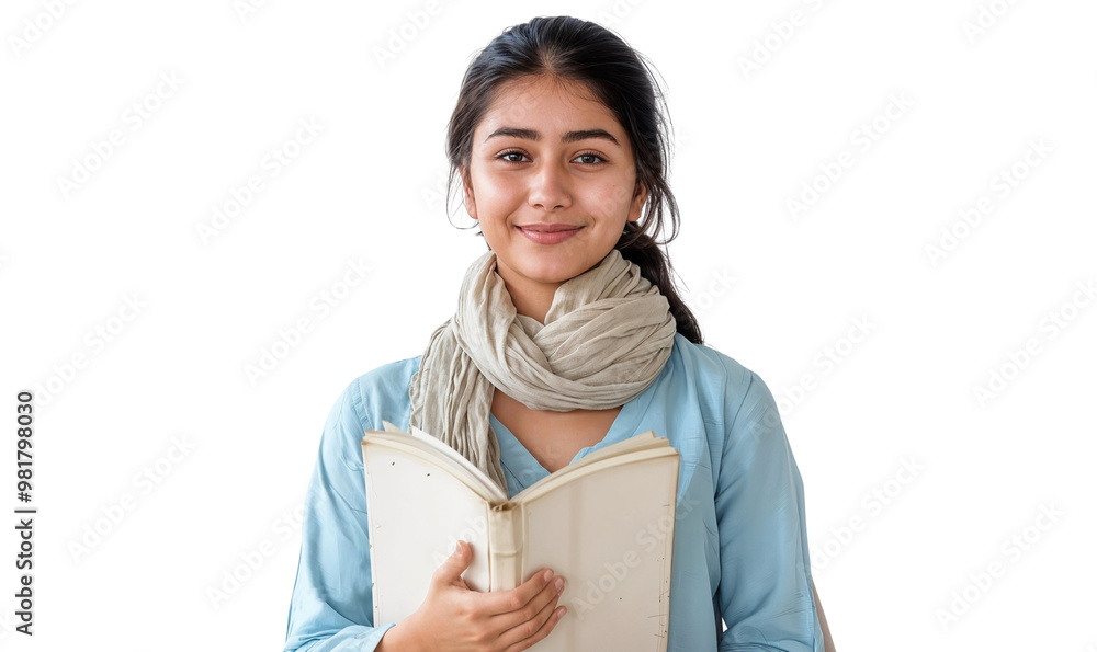 Portrait of a smiling young female college student holding a book, isolated on transparent background Portrait of a smiling young female college student holding a book, isolated on transparent background