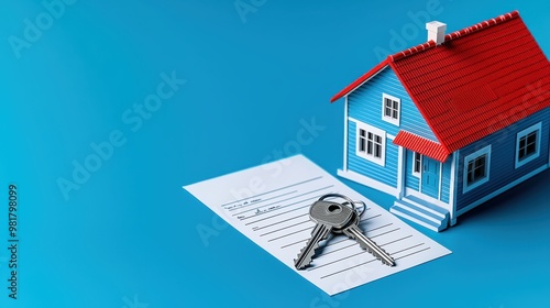 Minimalist Illustration of House Key and Signed Contract Symbolizing Home Purchase Finalization with Copy Space photo