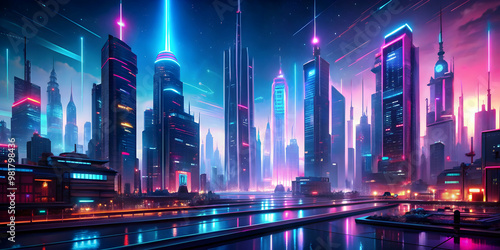 Futuristic cityscape with neon lights and cybernetic enhancements , Twilight, cityscape, futuristic, neon, cybernetic