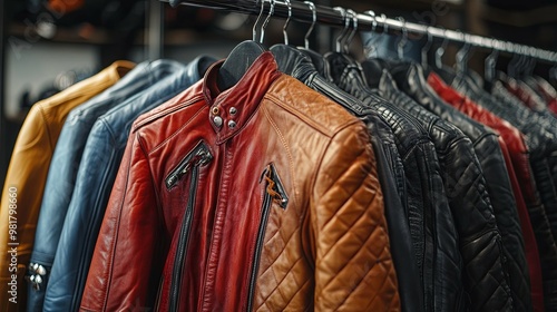 A Row of Leather Jackets Hanging on a Rack in a Store photo