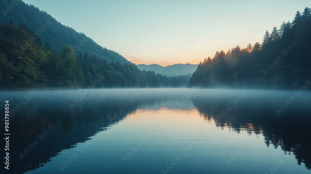 Fototapeta premium Tranquil Mountain Lake at Sunset with Mist and Reflections