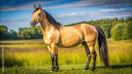 The buckskin quarter horse stands regally in the outdoor field, its black mane and tail fluttering gently in photo