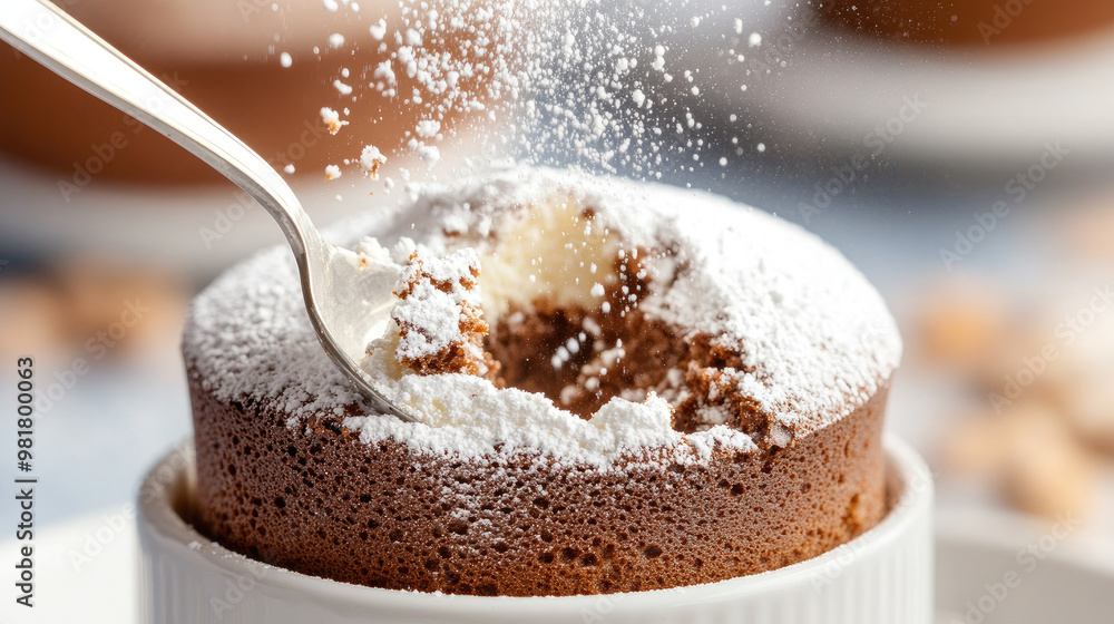 A close up of chocolate souffle with dusting of powdered sugar, showcasing its rich texture and inviting appearance. delicate dessert is perfect for indulgence and celebration A close up of chocolate souffle with dusting of powdered sugar, showcasing its rich texture and inviting appearance. delicate dessert is perfect for indulgence and celebration