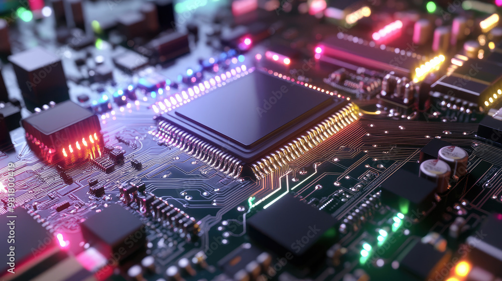 A digital circuit board illuminated by vibrant lights showcases intricate details and advanced technology, creating captivating visual experience A digital circuit board illuminated by vibrant lights showcases intricate details and advanced technology, creating captivating visual experience