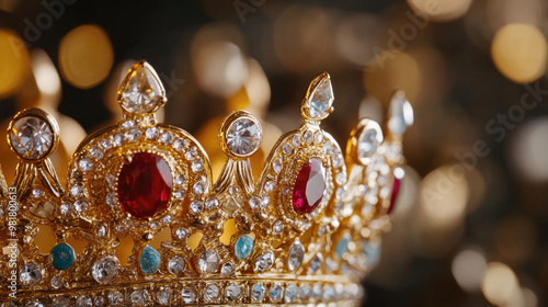 A golden crown adorned with jewels, featuring red and clear gemstones, sparkles beautifully against blurred background. This exquisite piece symbolizes royalty and elegance