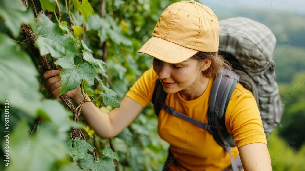 Camper checking the strength of a natural vine for climbing, camping survival, nature's climbing tools Camper checking the strength of a natural vine for climbing, camping survival, nature's climbing tools