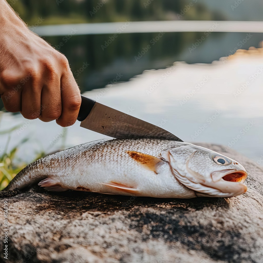 Camper cleaning a fish using a sharp knife on a rock by a lakeside, camping survival, wild food preparation Camper cleaning a fish using a sharp knife on a rock by a lakeside, camping survival, wild food preparation