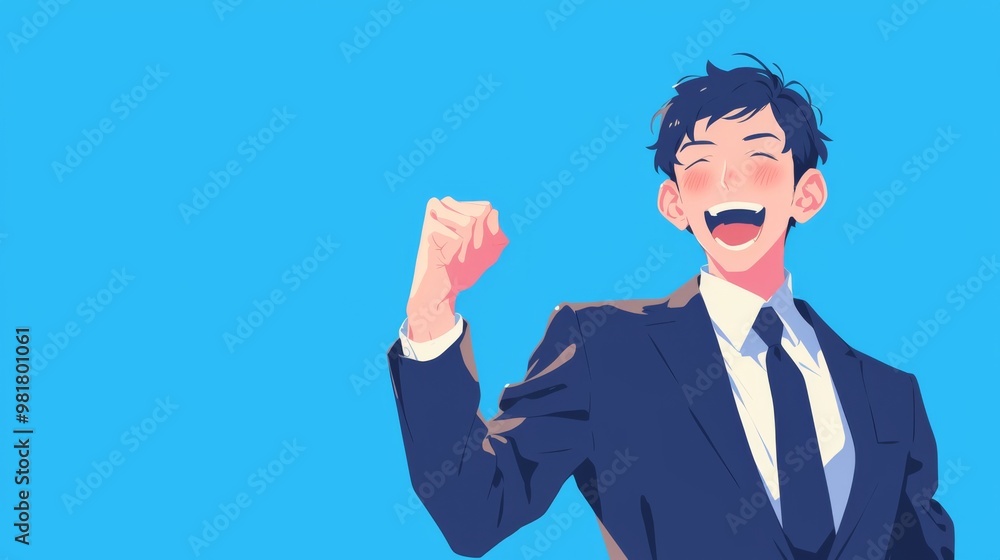 A young man in a suit, smiling and raising his fist in a triumphant gesture, designed in a minimalist style with ample copy space for versatile use. A young man in a suit, smiling and raising his fist in a triumphant gesture, designed in a minimalist style with ample copy space for versatile use.