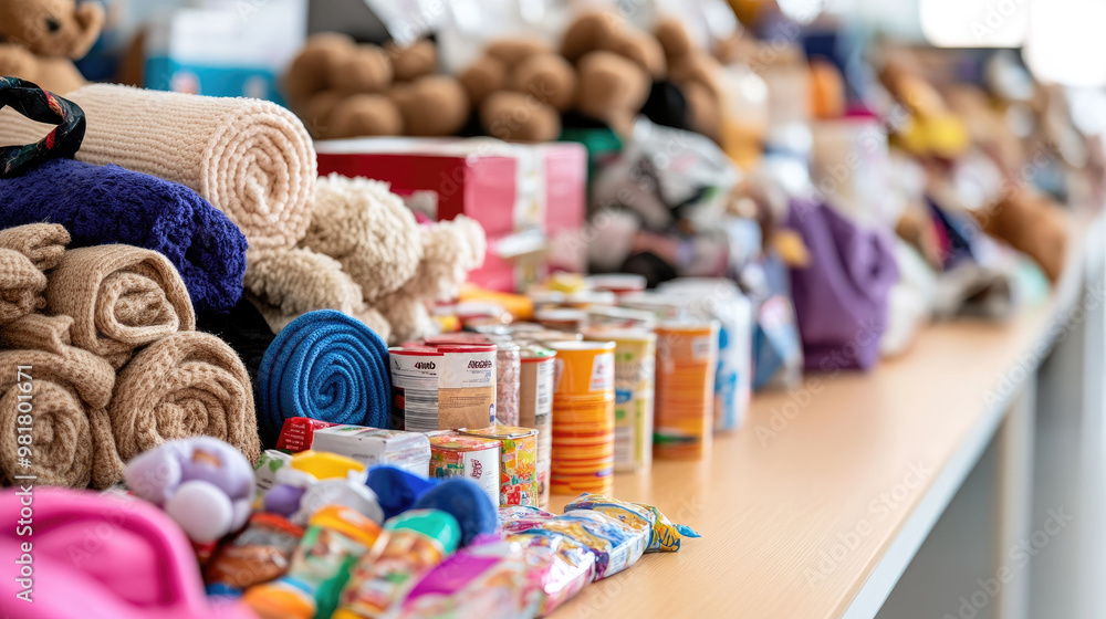 A table filled with donated items like canned goods, toys, and blankets showcases community support and generosity. This vibrant display highlights importance of giving back A table filled with donated items like canned goods, toys, and blankets showcases community support and generosity. This vibrant display highlights importance of giving back