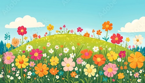 Vibrant spring meadow with colorful wildflowers and blue sky