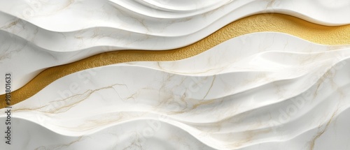 3D wallpaper, white and gold abstract shapes, organic stone carvings, marble texture, golden veins, stone background photo