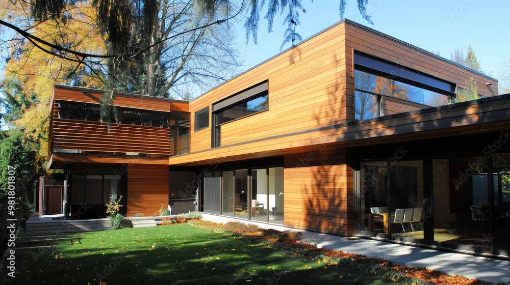 Modern wooden house with large windows, surrounded by trees and lush greenery, featuring a landscaped garden and a serene environment Modern wooden house with large windows, surrounded by trees and lush greenery, featuring a landscaped garden and a serene environment