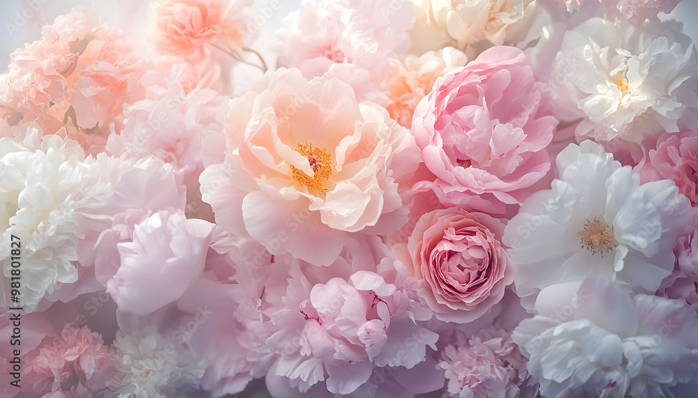 Fototapeta premium Soft, blooming peonies and roses in pastel shades, adding a delicate and feminine touch