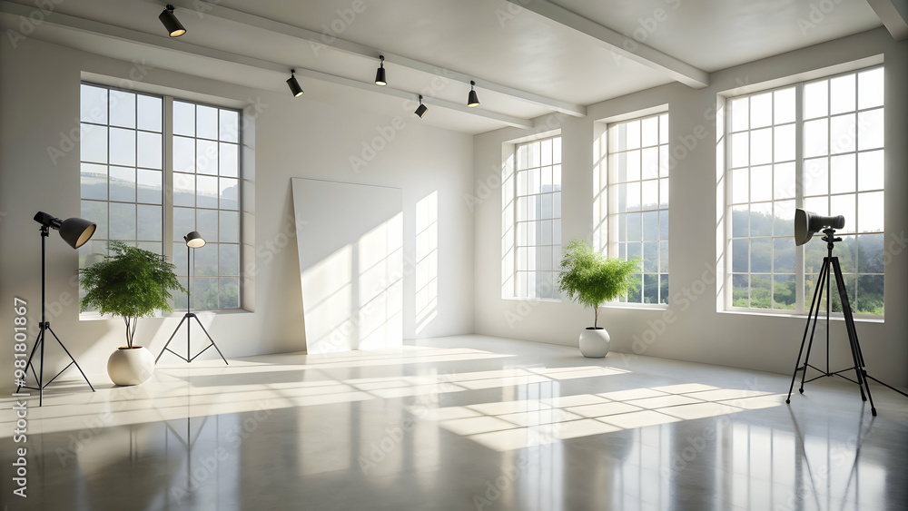 Fototapeta premium Bright, minimalist studio setting with soft window shadows for product presentation , airy, natural light, clean, modern