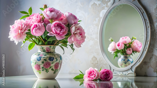 Floral porcelain vase with peony and green leaves on table with mirror reflection , home decor