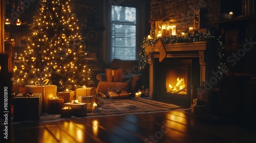 Enchanting christmas interior with a glowing tree, cozy fireplace, and gifts in a dim atmosphere