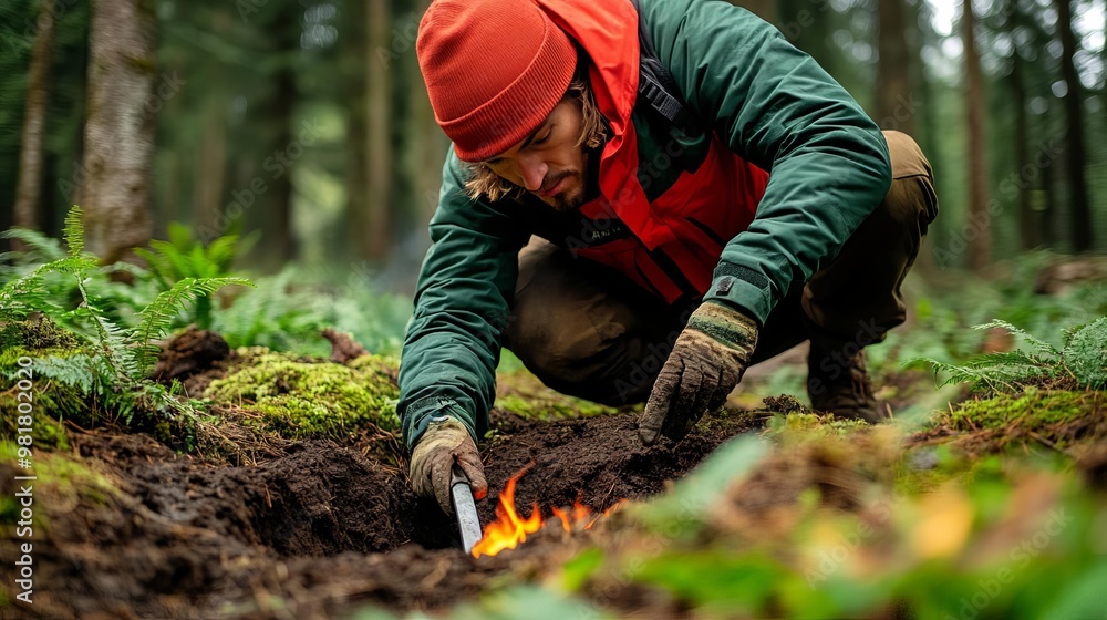 Camper digging a Dakota fire hole for a low-smoke fire in the forest, camping survival, concealed fire techniques Camper digging a Dakota fire hole for a low-smoke fire in the forest, camping survival, concealed fire techniques