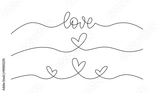 Line Art Design Elements for Banner. Editable Stroke Lines with Hearts and Word Love.
