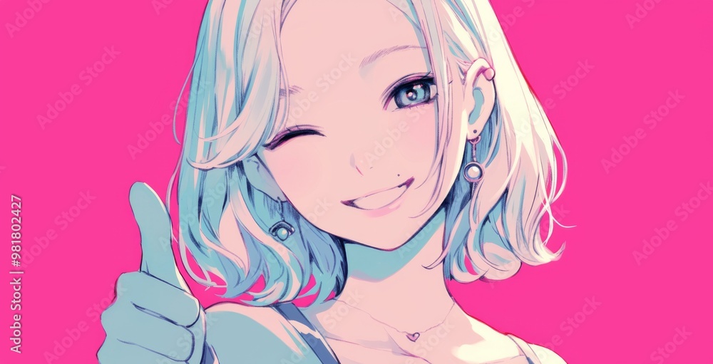 Cheerful anime-style young woman with shoulder-length hair giving a thumbs-up gesture in a minimalist design, featuring ample copy space. Cheerful anime-style young woman with shoulder-length hair giving a thumbs-up gesture in a minimalist design, featuring ample copy space.