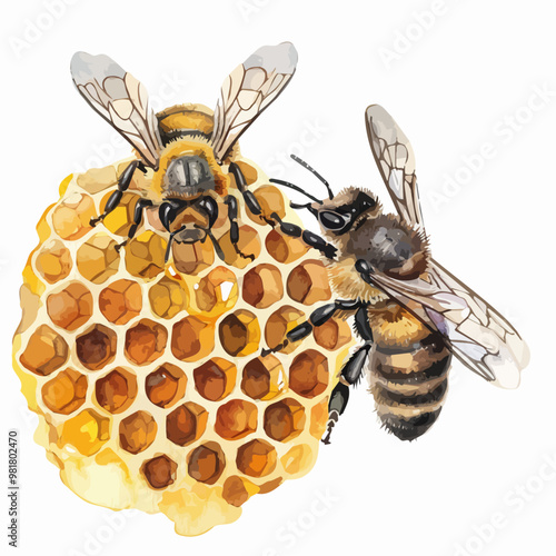 Watercolor bee honeycomb honey .vector bee illustration in watercolor style, honey hive, isolated on white background, illustration of honey bee and honeycomb, yellow and black bee