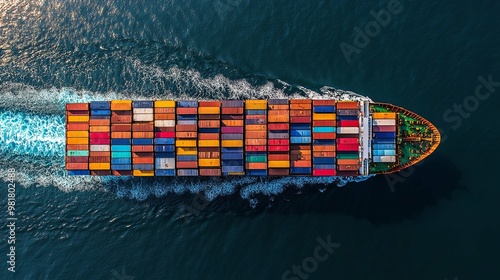 Aerial View of a Cargo Ship with Multicolored Containers Sailing on the Ocean