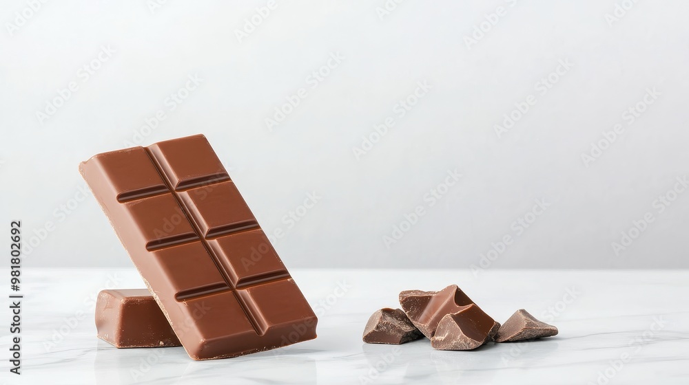 A tempting chocolate bar rests on a pristine marble surface, ready to be enjoyed. Its smooth texture and rich brown color evoke a sense of indulgence, while the broken pieces hint at the sweet reward A tempting chocolate bar rests on a pristine marble surface, ready to be enjoyed. Its smooth texture and rich brown color evoke a sense of indulgence, while the broken pieces hint at the sweet reward