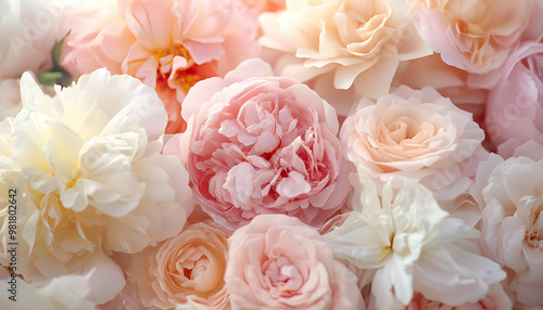 Soft, blooming peonies and roses in pastel shades, adding a delicate and feminine touch